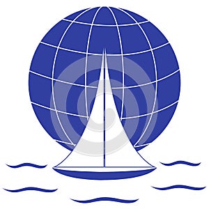Stylized icon of a colored yacht, sailing over the waves on a globe