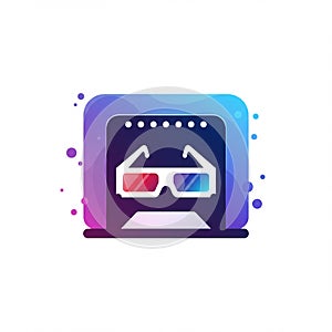 Stylized icon of a computer with 3D glasses on the screen. The 3D glasses have a red