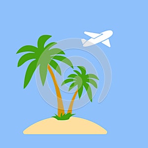 Stylized icon palm trees on an island in the ocean and a flying plane on background
