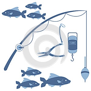 Stylized icon set of different tools for fishing and flocks of f