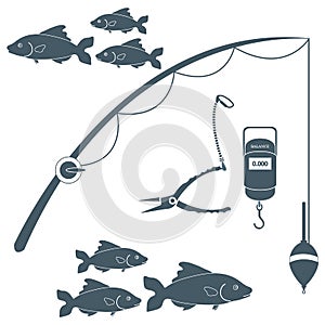 Stylized icon set of different tools for fishing and flocks of f