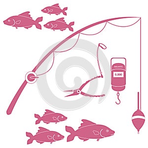 Stylized icon set of different tools for fishing and flocks of f