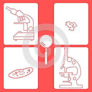 Stylized icons of microscopes, magnifier, amoeba, ciliate-slipper. Laboratory equipment symbol.