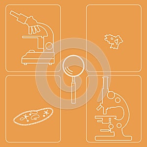 Stylized icons of microscopes, magnifier, amoeba, ciliate-slipper. Laboratory equipment symbol.