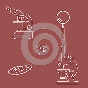Stylized icons of microscopes, magnifier, amoeba, ciliate-slipper. Laboratory equipment symbol.