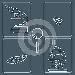 Stylized icons of microscopes, magnifier, amoeba, ciliate-slipper. Laboratory equipment symbol.