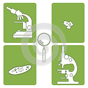 Stylized icons of microscopes, magnifier, amoeba, ciliate-slipper. Laboratory equipment symbol.