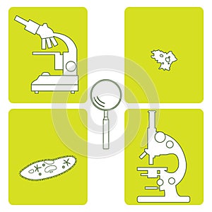 Stylized icons of microscopes, magnifier, amoeba, ciliate-slipper. Laboratory equipment symbol.