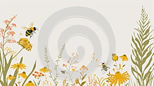 Stylized illustration of bees hovering among wildflowers, depicting the diversity of pollinators and their habitats with photo