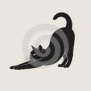 Stylized illustration of a black cat in a stretching pose against a plain