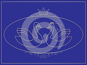 Stylized illustration of the bride and groom in the form of a pair of swans in an oval frame.