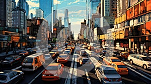 Stylized Illustration of Busy Urban Street Traffic