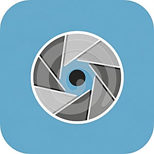 Stylized illustration of a camera aperture on a blue background featuring