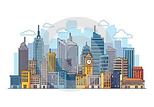Stylized illustration of a city skyline featuring a diverse array of