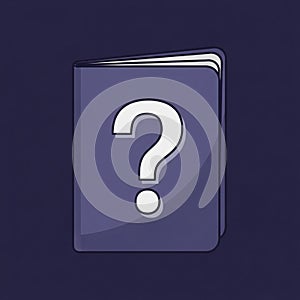 A stylized illustration of a closed book with a large, white question mark on the cover. The book