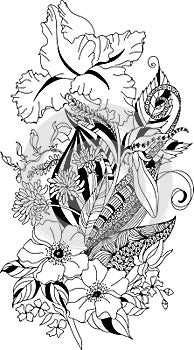 Stylized illustration of coloring feather with iris and chrysanthemum in tangle doodle style