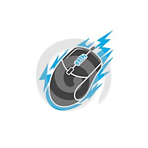 Stylized illustration of a computer mouse in black and white with dynamic blue