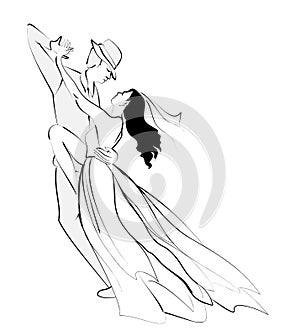 Stylized illustration of couple dancing tango. Isolated silhouette man and women in love. Image for icon or logo. Print for