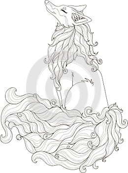 Stylized illustration of curly foxy in tangle doodle style for coloring book