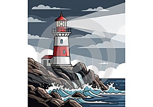 A stylized illustration depicting a lighthouse on a rocky coast. The