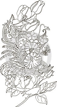 Stylized illustration of doodle feather with roses, tulips and butterfly