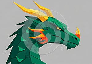 Stylized illustration of a dragon's head, featuring a polygonal