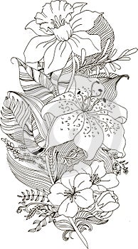 Stylized illustration of feather with flowers in doodle style.