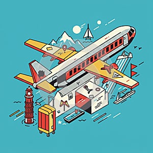A stylized illustration features an airplane with geometric forms and bold outlines.