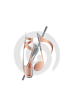 A stylized illustration features a ballet pointe shoe intertwined with a musical note.