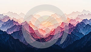 A stylized illustration features layered mountain ranges under a gradient sky