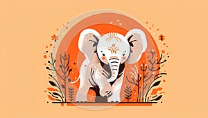 Stylized illustration features a white cartoon elepha