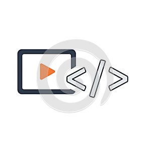 Stylized illustration featuring a digital video icon with a triangular play button in