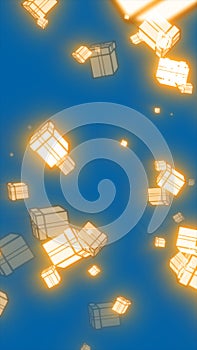 Stylized illustration of glowing lanterns floating in a blue sky, symbolizing peace, hope, and celebration
