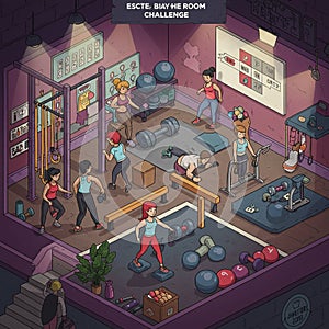 A stylized illustration of a gym featuring diverse individuals engaging in various