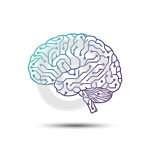 Stylized illustration of a human brain composed of electronic circuit patterns. The