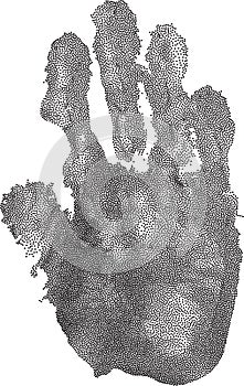 Stylized illustration of human hand in dotwork style.