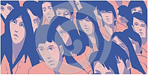 Stylized illustration of large group of asian students protesting