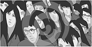 Stylized illustration of large group of asian students protesting