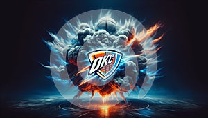A stylized illustration of the OKC Logo in the middle of a cloudburst