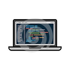 Laptop displaying colorful code on a dark screen, representing programming.