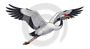 Stylized illustration of a Red-crowned Crane (Grus japonensis) in flight. The bird