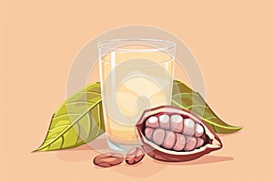 A stylized illustration of a refreshing cacao drink, with green leaf and an open cacao pod on a soft peach backdrop.