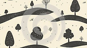 Stylized illustration of rolling hills with various trees