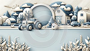 Stylized Illustration of Rural Farm Scene with Animals and Tractor