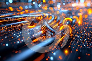 Stylized Illustration of Secure Blockchain Transactions with Digital Data Flow in a Ledger Network