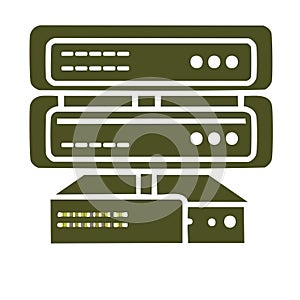 Stylized illustration of a server rack or computer network device for data processing and storage