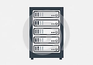Stylized illustration of a server rack with five stacked units. Each unit features simplified