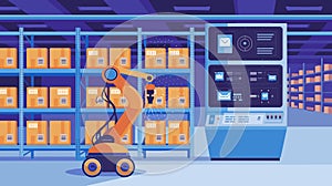 Stylized illustration of smart warehouse inventory system with RFID tags.