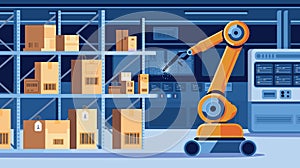 Stylized illustration of smart warehouse inventory system with RFID tags.