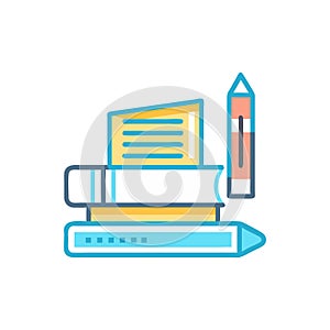 Stylized illustration of stack of books and a pencil